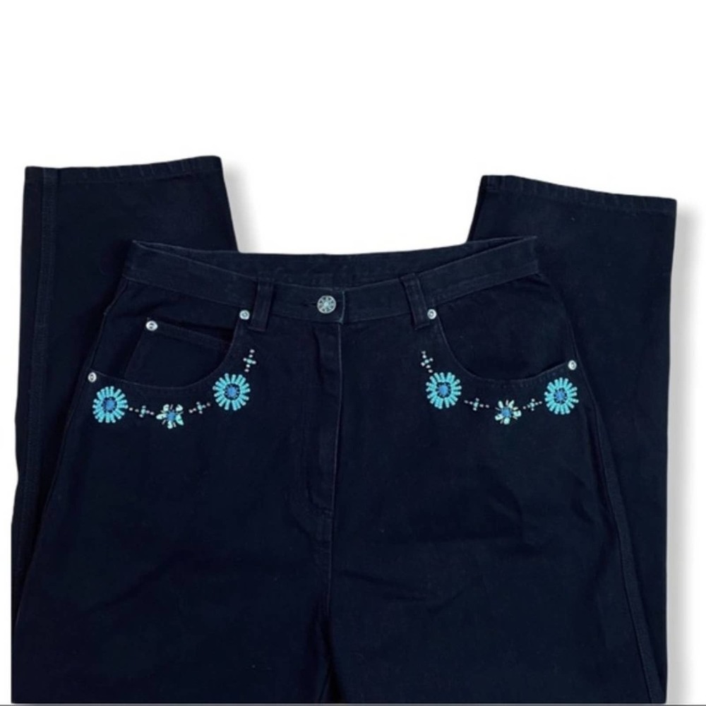 Vintage Carole Little Beaded Turquoise Mom Jean Black 10